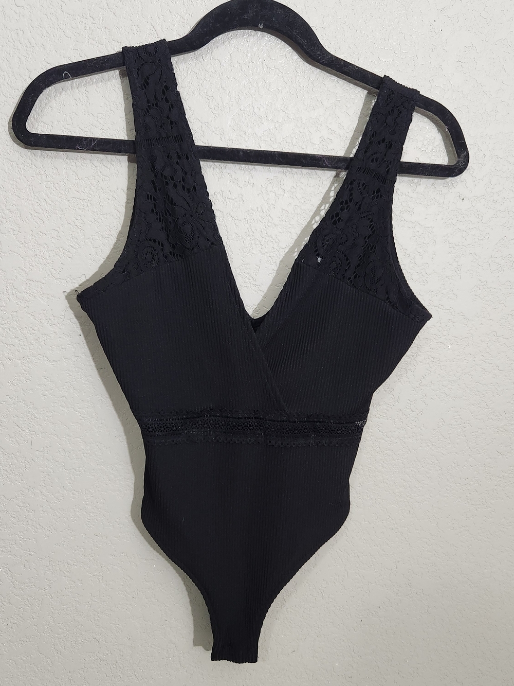 Topshop Black Lace-Trim Ribbed V-Neck Bodysuit